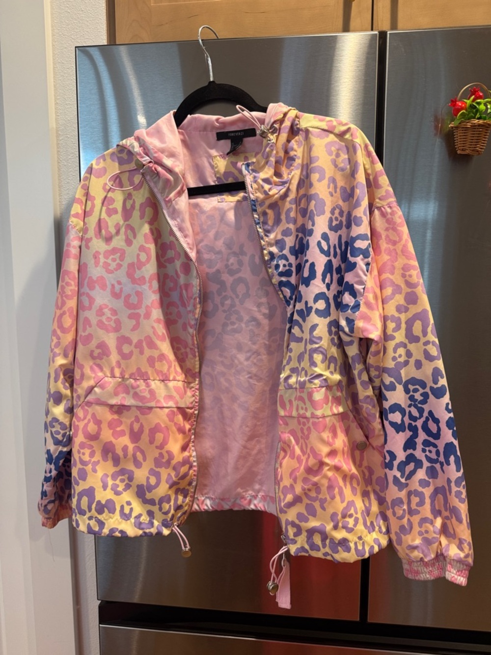 Forever 21 Pastel Leopard Hooded Windbreaker - Pink, Yellow, Lavender